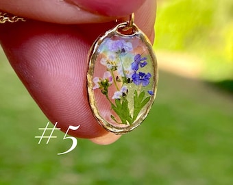 Pressed Sweet Alyssum, Hydrangea Flower Necklace: Resin Oval Pendant, Jewelry, Christmas, Birthday, Holiday