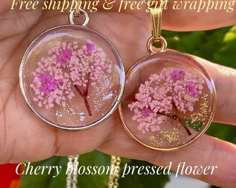 Cherry Blossom, Real Pressed Flower Necklace, Resin Jewelry, Dried Flower, Mother's Day, Birthday, Holiday Gift, Gift For Her, Woman!