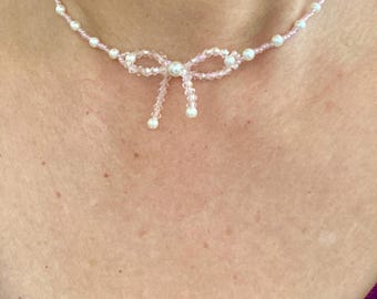 Handmade Beaded Bow Choker: Japanese Beads, Jewelry, Unique, Mother's Day, Birthday, Holiday