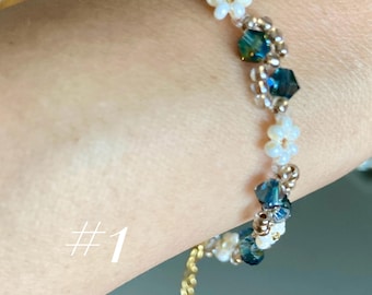 Beaded Flower Bracelet, Crystal, Gold Plated, Japanese Beads, Birthday, Jewelry, Mother's Day