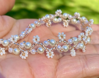 Handmade Beaded Flower Bracelet: Crystal & Gold-Plated Chain, Jewelry, Birthday, Mother's Day, Bridesmaid, Holiday