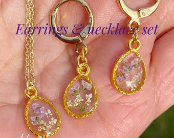 Pressed Sweet Alyssum Flower Jewelry Set: Gold Plated Necklace Earrings, Resin Garden Botanical,Birthday