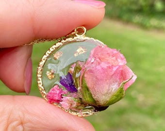 Real Rose Bud Resin Necklace: Gold Plated Chain Jewelry, Birthday, Mother's Day, Handmade