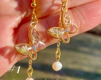Pressed Flower Butterfly Earrings: Gold Plated Hook, Resin Jewelry, Birthday, Mother's Day