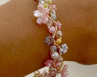 Handmade Beaded Sakura Flower Bracelet: Pearl & Gold-Plated Chain, Jewelry, Birthday, Mother's Day, Bridesmaid, Holiday