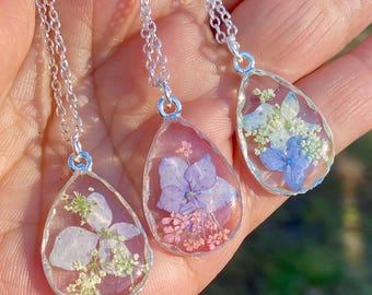 Pressed Hydrangea Flower Necklace: Teardrop Resin Pendant, Silver Plated Chain, Birthday, Mother's Day