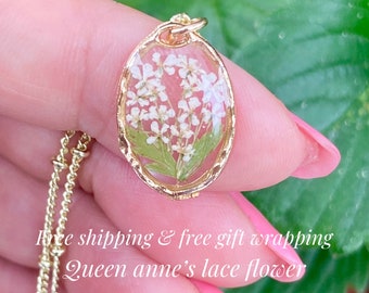 Pressed Queen Anne's Lace Resin Necklace: Gold Plated Chain, Handmade, Birthday, Valentine, Bridesmaid