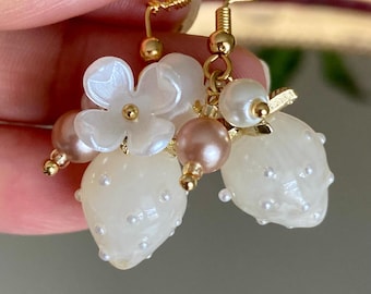 Strawberry Flower Earrings: Gold Plated Hook, Jewelry, Birthday, Handmade, Holiday, Mother's Day