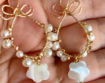 Mother Of Pearl Earrings: Gold Plated Hook, Wire, Jewelry, Birthday, Handmade, Holiday, Mother's Day