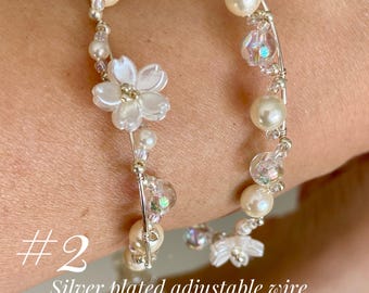 Handmade Beaded Sakura Flower Bangle Bracelet: Pearl, Wire, Jewelry, Birthday, Mother's Day, Bridesmaid, Holiday