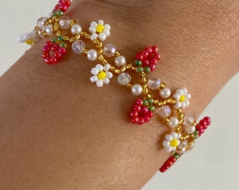Beaded Strawberry Flower Bracelet: Miyuki Beads, Sterling Silver, Gold Plated, Handmade, Birthday, Mother's Day