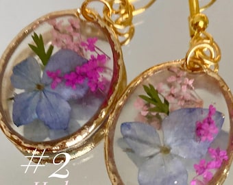 Pressed Hydrangea Flower Earrings: Resin Jewelry, Gold Plated, Christmas, Holiday, Bridesmaid, Birthday, Mother's Day