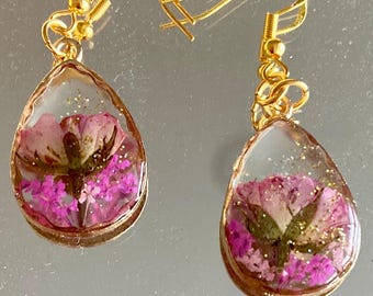 Pressed Rose Flower Earrings: Resin Jewelry, Gold Plated, Holiday, Bridesmaid, Birthday, Valentine, Mother's Day