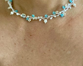 Handmade Beaded Flower Choker: Japanese Miyuki Beads, Sterling Silver, Jewelry, Unique, Mother's Day, Birthday