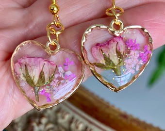 Pressed Rose Flower Jewelry Set: Necklace and Earrings Set, Gold Plated Chain, Handmade, Birthday