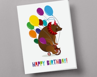 Bear Birthday Card, Cute Circus Bear, Baby Birthday Card, Kids Birthday, Happy Birthday Bear Card, Whimsical Card, Bear Card, Funny Bear