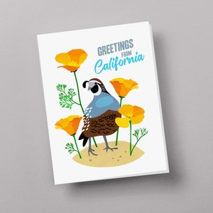 California State Greeting Card, The Quail Greeting Card, Birthday from California, California Poppy Flower, California Republic, Map Art