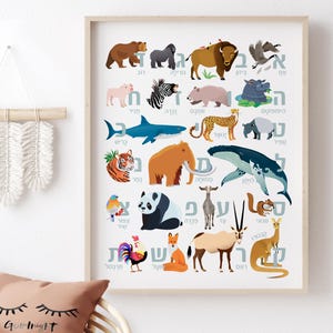 Arte mural con animales hebreos de la Alef Bet, decoración infantil, regalo judío, aprende el alfabeto hebreo de animales, decoración del aula, arte mural educativo para niños