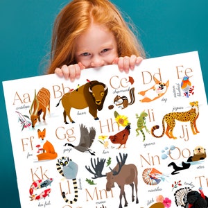 Animales del bosque ABC, póster ABC de la naturaleza del bosque, educación en el hogar, gráficos ABC para guarderías, arte del alfabeto, impresión para guarderías, póster educativo para niños