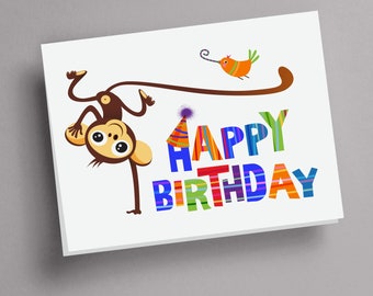 Happy Birthday Monkey Card, Baby Birthday Card, Cute Monkey Card, Kids Birthday Card, Funny Monkey Card