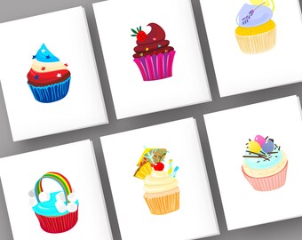 Cupcake Cards Set of 6, Cupcake Thank You Cards, Sweet Birthdays Cards, Set of Cards, Cupcakes Greeting Cards, Set of 6