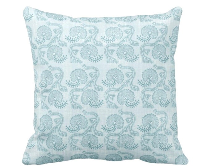 READY to SHIP Block Print Floral Throw Pillow Cover Dusty Turquoise Woven 20" Sq Blue/Green Batik/Boho/Blockprint Pattern