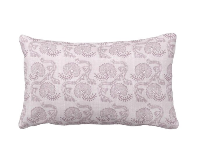 Block Print Floral Throw Pillow or Cover, Lavender 12 x 20" Lumbar Pillows or Covers, Dusty Purple Flower/Batik/Boho/Blockprint Pattern