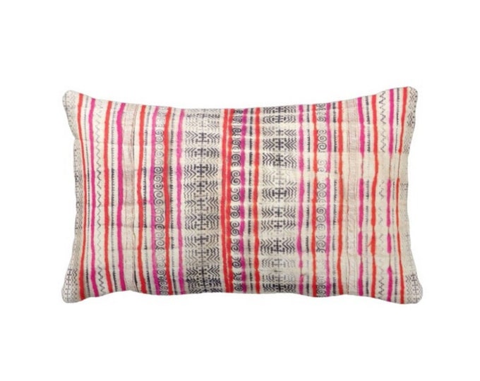 Thai Batik PRINTED Throw Pillow or Cover, Off-White, Dark Indigo, Pink/Orange 12 x 20" Lumbar Pillows or Covers, Vintage Maio/Hmong Textile