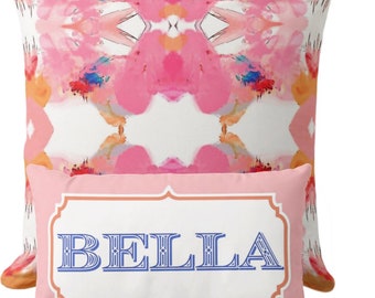 Personalized Lumbar Pillow Cover, 12x20" Pink & Blue Abstract Print, Modern Monogram