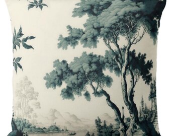 Landscape Mural Square and Lumbar Throw Pillows or Covers, Dark Teal Botanical Print