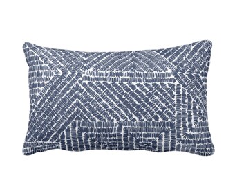 Tribal Geo Throw Pillow or Cover, Navy 12 x 20" Lumbar Pillows or Covers, Dark Blue/White Scratch Geometric/Batik/Boho Pattern/Print