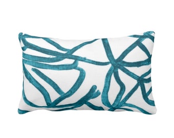 PAIR - OUTDOOR Abstract Throw Pillow Covers, White/Teal 14 x 20" Lumbar Pillows/Covers Print Blue/Green Painted Aqua Geometric/Lines