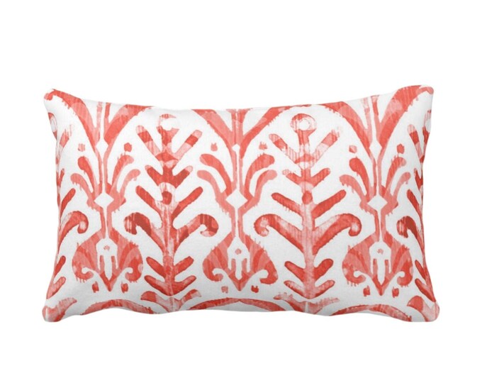 Watercolor Print Throw Pillow or Cover, Coral/White 12 x 20" Lumbar Pillows or Covers, Red/Orange/Pink, Ikat/Tribal/Boho Print