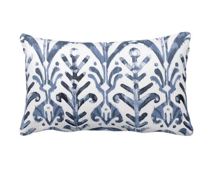 OUTDOOR Watercolor Print Throw Pillow or Cover, Navy Blue/White 14 x 20" Lumbar Pillows/Covers, Dusty/Slate Ikat/Boho Hand Painted Print