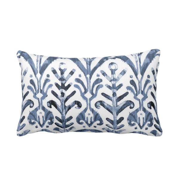 OUTDOOR Watercolor Print Throw Pillow or Cover, Navy Blue/White 14 x 20" Lumbar Pillows/Covers, Dusty/Slate Ikat/Boho Hand Painted Print