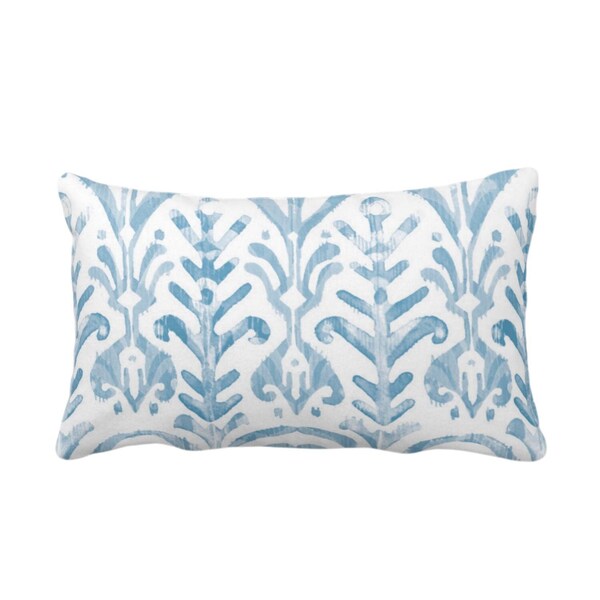 Watercolor Print Throw Pillow or Cover, Dusty Blue/White 12 x 20" Lumbar Pillows or Covers, Light Ikat/Boho Print/Design Hand Painted