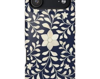Bone Inlay Floral iPhone Case: Navy & Ivory, MagSafe or Tough