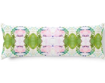 Watercolor 20x54" Lumbar Pillow, Pink & Green Abstract Print