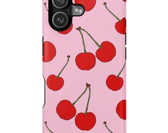 Cherries iPhone 17, 16, 15 MAGSAFE Pro/Max/P/Plus or Tough Protective Cover, Bright Pink & Red Graphic/Modern/Fun Cherry Print/Pattern