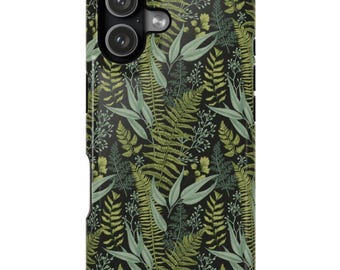 Leafy Ferns Print iPhone Case: Dark Green Magsafe or Tough Cover