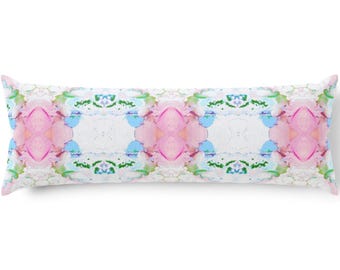 Mirrored Watercolor 20x54" Lumbar Throw Pillow, Pink/Green/Blue Abstract Modern/Bright/Colorful Print