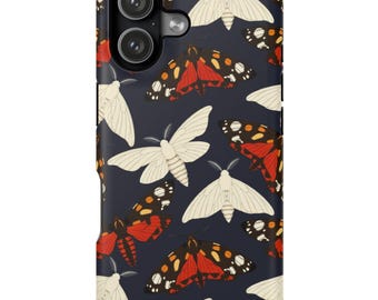 Moth Print iPhone Case: Navy Blue & Red Insect Cover - MagSafe or Tough