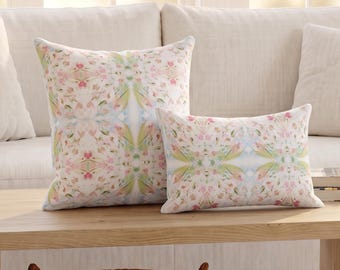 Watercolor Floral Throw Pillow Cover, Pink & Green Abstract Print