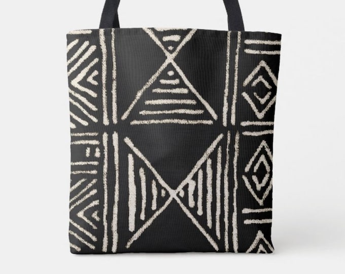 Printed Mud Cloth Abstract Geometric Market Tote, Black and Off-White African Boho Print Bag, Mudcloth Tribal Print/Design