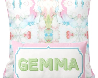 Monogram Lumbar Pillow Cover, Pink & Blue Abstract Print, 12x20