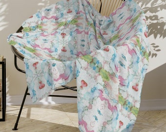Mirrored Watercolor Silky/Minky Throw Blanket, 3 Sizes, Pink/Green/Blue Abstract Modern/Art/Colorful/Bright/Preppy Soft, Velveteen