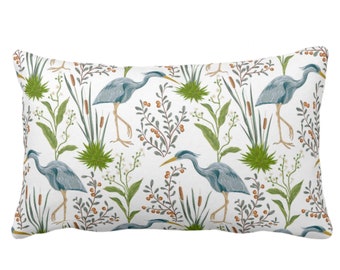 Blue Heron Throw Pillow or Cover, 14 x 20" Lumbar/Oblong Pillows/Covers, Teal Blue & Green Bird/Birds Naturalist Print/Pattern Toile/Nature