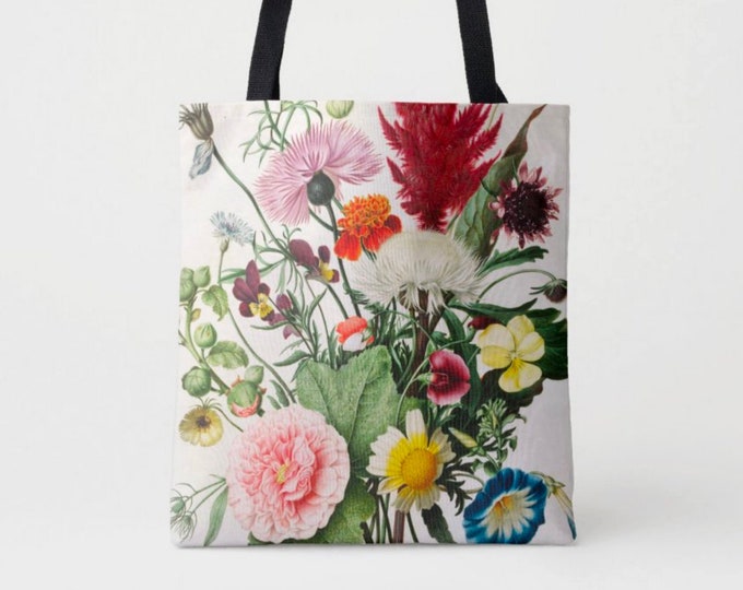 Vintage Botanical Print Market Tote, Multi Colored Shoulder Bag, Floral/Flowers Nature Illustration Red/Pink/Green/Yellow Boho Design