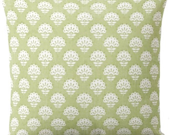 Floral Block Print Throw Pillow Cover, Light Olive Green, Farmhouse Style