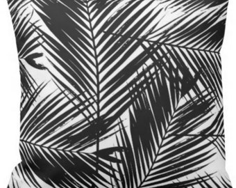 OUTDOOR Black and White Palm Print Throw Pillow Cover, Modern Tropical Decor